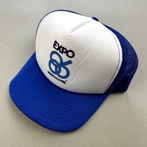 Vintage 1986 World Expo Hat Cap Snapback Trucker Blue Vancouver Fair Tech 80s